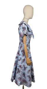 Original 1950's Floppy Blue Cotton Day Dress with Floral Sprays in Red, Yellow and White - Bust 38 40