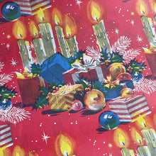 Load image into Gallery viewer, Original Vintage Colourful Christmas Wrapping Paper - Red Base with Piles of Christmas Presents, Baubles and Flaming Candles
