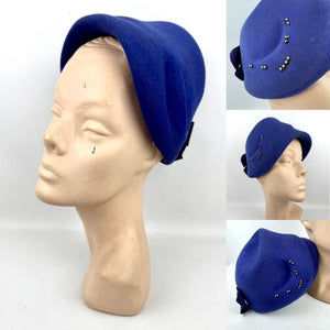 Original 1950's Rich Purple Felt Bonnet Style Hat with Bow Trim and Paste Detail