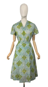 Original 1950's White, Blue, Green and Black Nylon Belted Day Dress - Bust 38 *