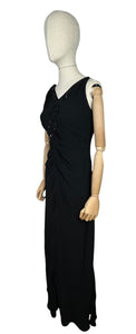 Original 1940's Bias Cut Black Crepe Full Length Evening Dress with Sequin Trim - Bust 36 38 *