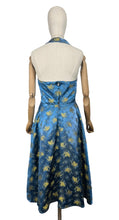 Load image into Gallery viewer, Original 1950&#39;s Blue and Gold Halterneck Cocktail Dress - Bust 36 37 *
