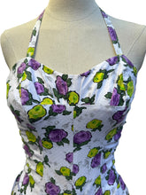 Load image into Gallery viewer, Original 1950’s Textured Cotton Swimsuit with Roses Print in Yellow and Purple - Bust 32 34
