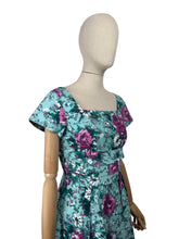 Load image into Gallery viewer, Original 1950's Marldena Model Blue Cotton Day Dress with Pink, Black, Teal and Black Floral Print and Hip Swag - Bust 35 *
