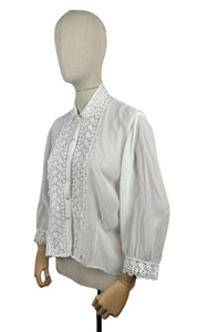 Vintage 1970's 1980's White Chiffon Blouse with Lace Bodice and Cuff Trim - Bust 38 40