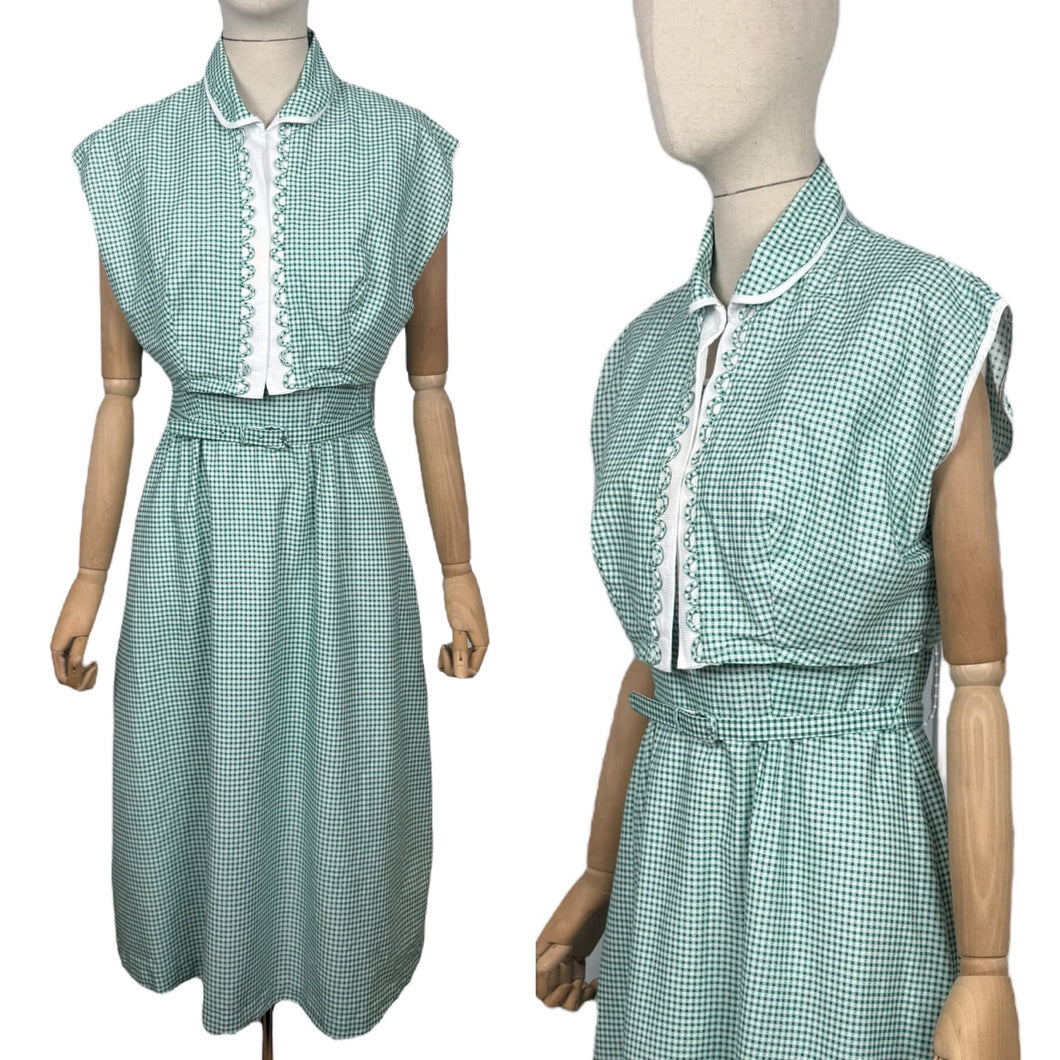 Original 1950's Green and White Check Three Piece Dress, Bolero and Belt Set by Kerrybrooke - Bust 38