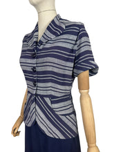 Load image into Gallery viewer, Original 1940's Navy Blue and Grey Linen Stripe Day Dress - Bust 36
