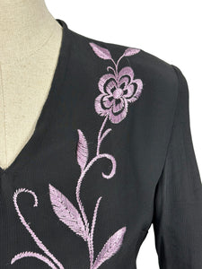 Original 1940's Black Satin Backed Crepe Long Sleeved Cocktail Dress with Lilac Purple Floral Silk Embroidery - Bust 36 38