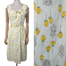 Load image into Gallery viewer, Original 1950&#39;s Yellow, Green and Brown Novelty Print Sleeveless Belted Day Dress with Roses, Birds and Birdcage Print - Bust 38
