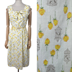 Original 1950's Yellow, Green and Brown Novelty Print Sleeveless Belted Day Dress with Roses, Birds and Birdcage Print - Bust 38