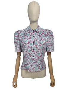 1940's Reproduction Blouse in Mauve, Blue and White Floral Made from a Feed Sack - Bust 35 37