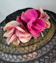 Load image into Gallery viewer, Original 1940's Black Mesh Pancake Hat with Pink Flower and Green Net Trim *
