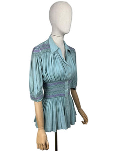 Stunning Original 1930's Blue Cotton Blouse with Heavy Smocking Detail - Bust 36 38