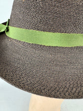 Load image into Gallery viewer, Original Late 1930's Brown and Bronze Straw Hat with Green Grosgrain Trim *

