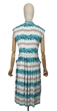 Load image into Gallery viewer, Original 1950&#39;s Floppy Cotton Day Dress in White, Brown and Turquoise Blue - Bust 36

