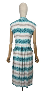 Original 1950's Floppy Cotton Day Dress in White, Brown and Turquoise Blue - Bust 36
