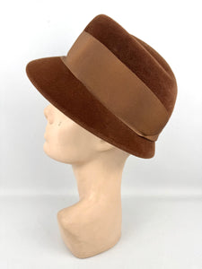 Original 1950’s Warm Brown Felt Hat with Wide Grosgrain Ribbon Trim by Jacoll
