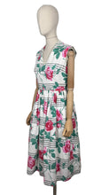Load image into Gallery viewer, Original 1950&#39;s Crisp White Cotton Day Dress with Stripes and Roses Print - Bust 36
