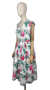 Original 1950's Crisp White Cotton Day Dress with Stripes and Roses Print - Bust 36