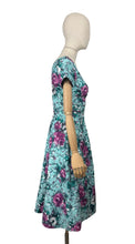 Load image into Gallery viewer, Original 1950's Marldena Model Blue Cotton Day Dress with Pink, Black, Teal and Black Floral Print and Hip Swag - Bust 35 *
