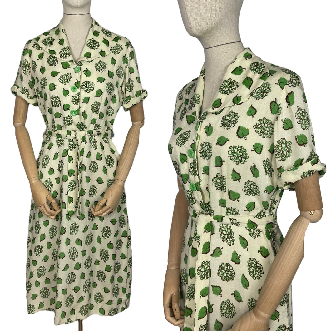 Original 1940's White and Green Belted Linen Day Dress with Leaf Print - Bust 34 36*