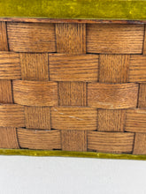 Load image into Gallery viewer, Beautiful Vintage Betsy B Wooden Basket Box Bag with Green Velvet Trim and Pink Flower Applique
