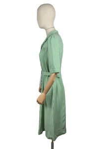 Original 1940's White and Green Candy Stripe Heavy Linen Button Front Belted Day Dress - Bust 40 42 *