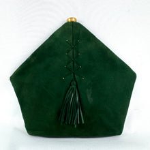Load image into Gallery viewer, Stunning Original 1930's Forest Green Suede and Leather Five Sided Bag with Tassel Detail and Gold Clasp
