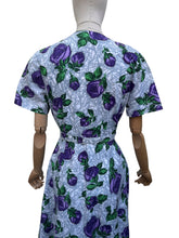 Load image into Gallery viewer, Original 1940’s 1950’s Belted Rose Print Cotton Day Dress in Grey, Purple and Green - Bust 40
