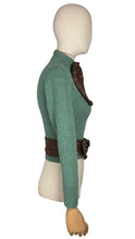 Load image into Gallery viewer, 1930&#39;s Reproduction Hand Knitted Long Sleeved Cardigan with Bow Trim and Spotted Belt in Green and Brown - Bust 32 34
