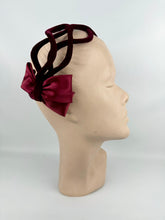 Load image into Gallery viewer, Original 1950&#39;s Burgundy Velvet Half Hat with Double Satin Bow Trim - Great Cocktail Hat
