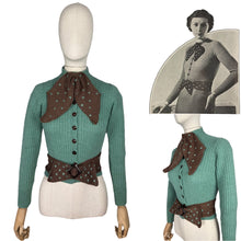 Load image into Gallery viewer, 1930&#39;s Reproduction Hand Knitted Long Sleeved Cardigan with Bow Trim and Spotted Belt in Green and Brown - Bust 32 34
