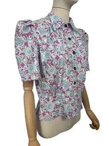 1940's Reproduction Blouse in Mauve, Blue and White Floral Made from a Feed Sack - Bust 35 37