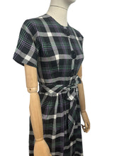 Load image into Gallery viewer, Original 1950&#39;s Black, Purple, White and Teal Plaid Cotton Belted Day Dress - Bust 32 34 *
