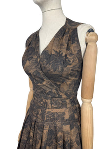 Original 1950's Petite Fit Black and Brown Floral Print Sleeveless Day Dress - Bust 32 34