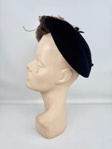 Original 1950’s Black Felt Hat with Large Ostrich Feather and Paste Trim by Wilmine