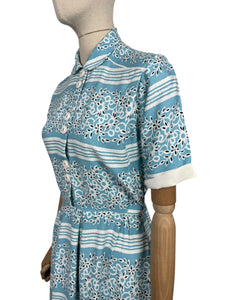 Original 1940's 1950's Blue, White and Black Stripe Cotton Floral Day Dress - Bust 36