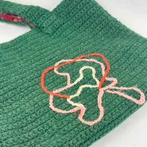 Original 1940's 1950's Green Wool Crochet Bag with Pretty Tartan Lining