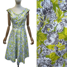 Load image into Gallery viewer, 1950's Style Cotton Day Dress in Chartreuse Green, Black and White Floral Print - Bust 37
