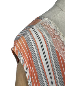 Original 1920's Volup Stripe Cotton and Lace Dress in White, Black and Orange - Bust 46