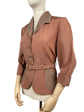 Load image into Gallery viewer, Original 1950’s Warm Brown Grosgrain Belted Jacket with Soutache Trim - Bust 36 37
