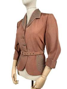 Original 1950’s Warm Brown Grosgrain Belted Jacket with Soutache Trim - Bust 36 37