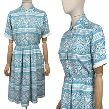 Load image into Gallery viewer, Original 1940&#39;s 1950&#39;s Blue, White and Black Stripe Cotton Floral Day Dress - Bust 36
