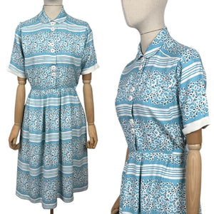 Original 1940's 1950's Blue, White and Black Stripe Cotton Floral Day Dress - Bust 36