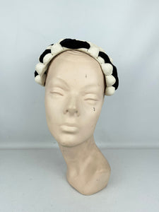 Original 1950's Black and White Straw Bobble Hat with Velvet Trim *