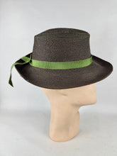 Load image into Gallery viewer, Original Late 1930's Brown and Bronze Straw Hat with Green Grosgrain Trim *
