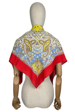 Load image into Gallery viewer, Original Large 1940&#39;s Red, Yellow, Blue and Brown Paisley Crepe Scarf - Great Headscarf

