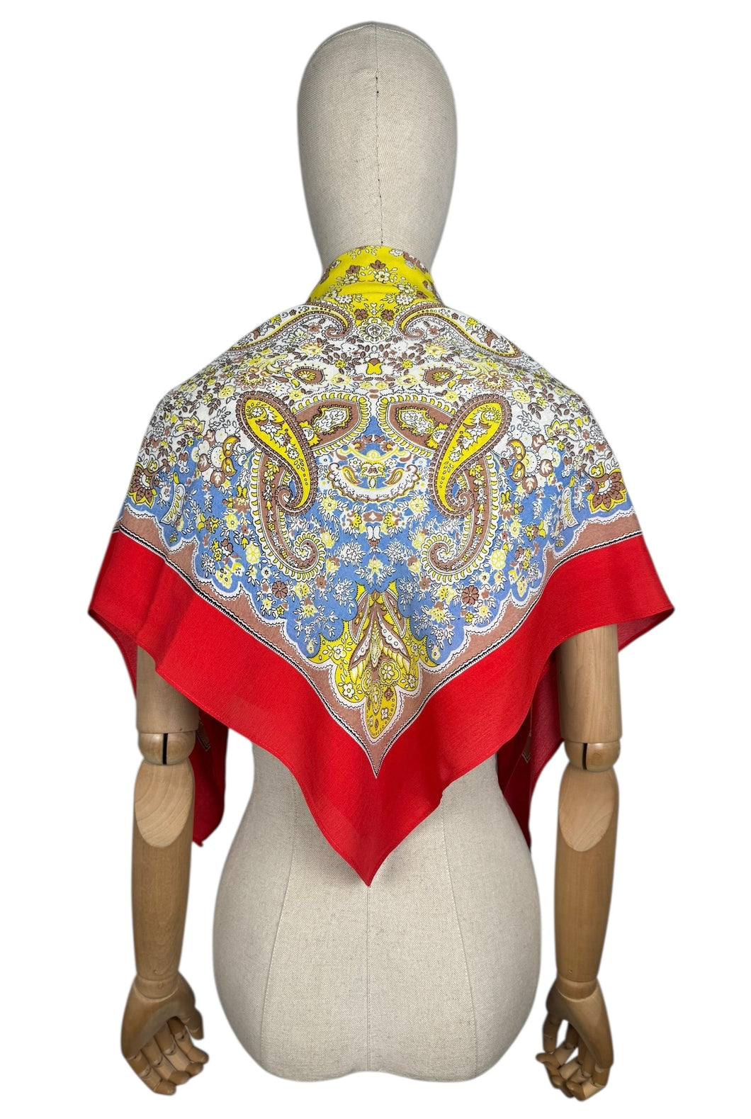 Original Large 1940's Red, Yellow, Blue and Brown Paisley Crepe Scarf - Great Headscarf