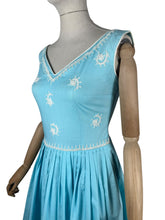 Load image into Gallery viewer, Original 1950's Turquoise Blue Cotton Dress with White Soutache by Carnegie - Bust 32 33 *
