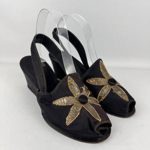 Wounded but Wearable Original 1940's Black Satin Evening Wedge Shoes with Gold Floral Applique Trim - Size 5 5.5